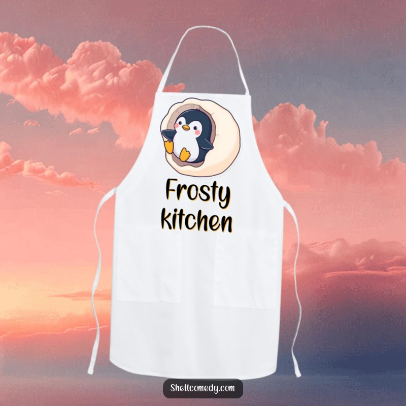 Funny Penguin Apron: A playful penguin slides down a smooth, polished seashell, bringing arctic fun to the kitchen.