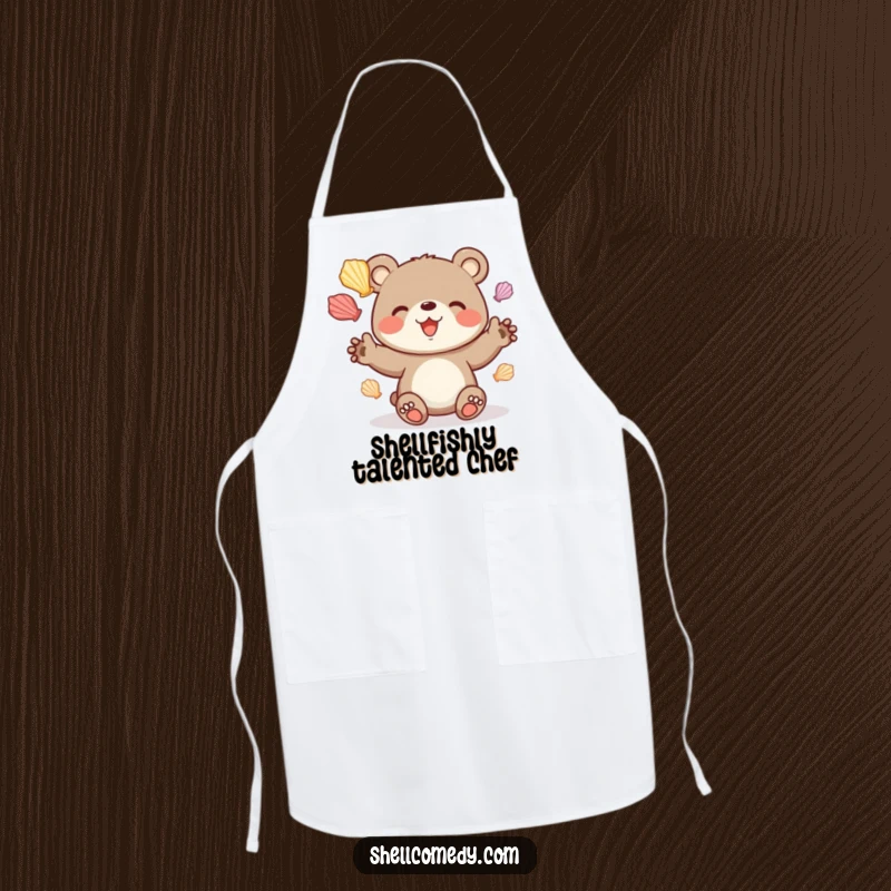 Funny bear cub apron juggling colorful seashells with delight, perfect for chefs.