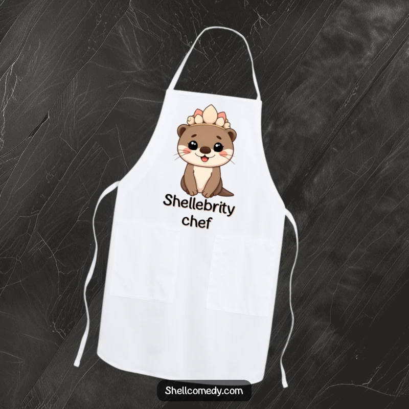 Funny otter cub apron wearing a seashell crown and smiling proudly, great for chefs.