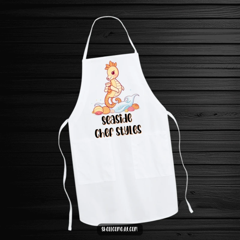 Funny Seahorse Apron: A grinning seahorse rides a gentle wave towards a collection of shells, bringing ocean fun to the kitchen.