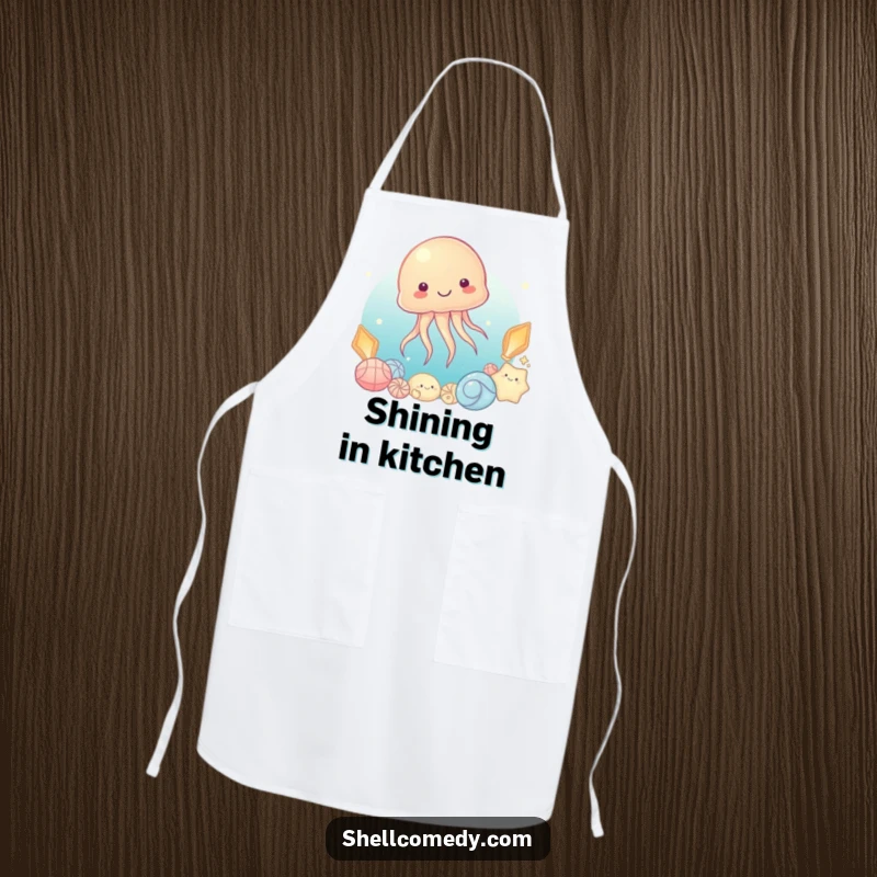 Funny Jellyfish Apron: A content jellyfish floats serenely beside a collection of luminous shells, bringing ocean calm to the kitchen.