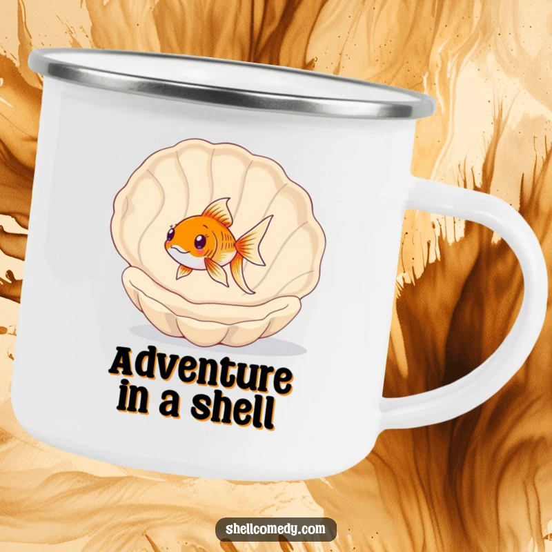 Funny Goldfish Camping Mug: A happy goldfish swims playfully through a large, empty Seashell, bringing ocean vibes to the campsite.