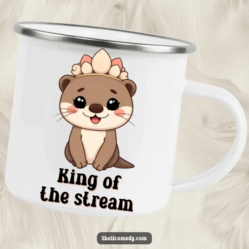Funny otter cub camping mug wearing a seashell crown and smiling proudly, durable for outdoors.
