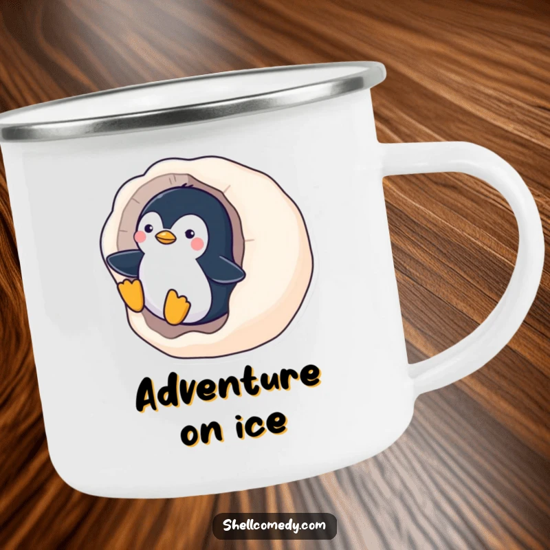 Funny Penguin Camping Mug: A playful penguin slides down a smooth, polished seashell, bringing arctic vibes to the campsite.