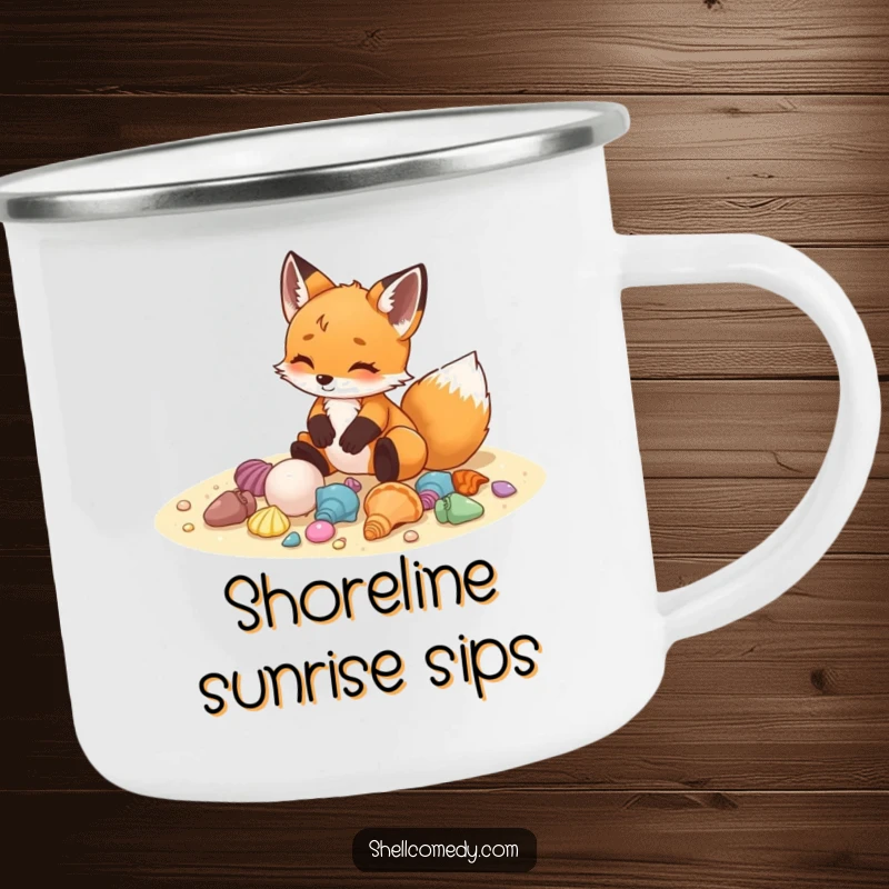 Funny fox cub camping mug arranging colorful seashells on sand with delight, durable for outdoors.
