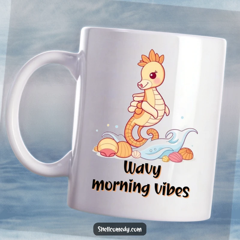 Funny Seahorse Mug: A grinning seahorse joyfully rides a gentle wave towards a beautiful collection of seashells.