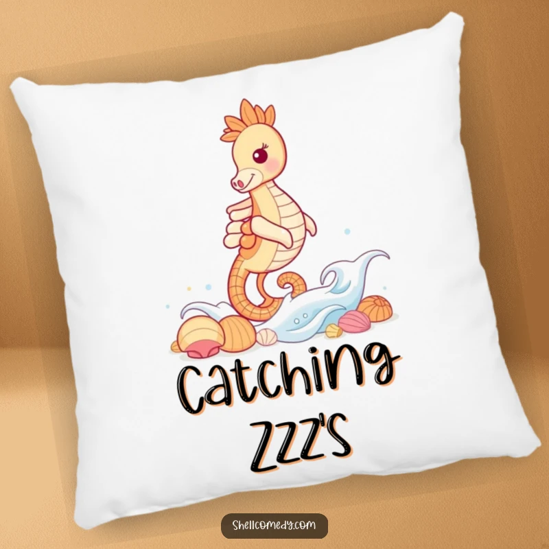 Funny Seahorse Pillow: A grinning seahorse floats serenely on a gentle wave, heading towards a collection of shiny shells.