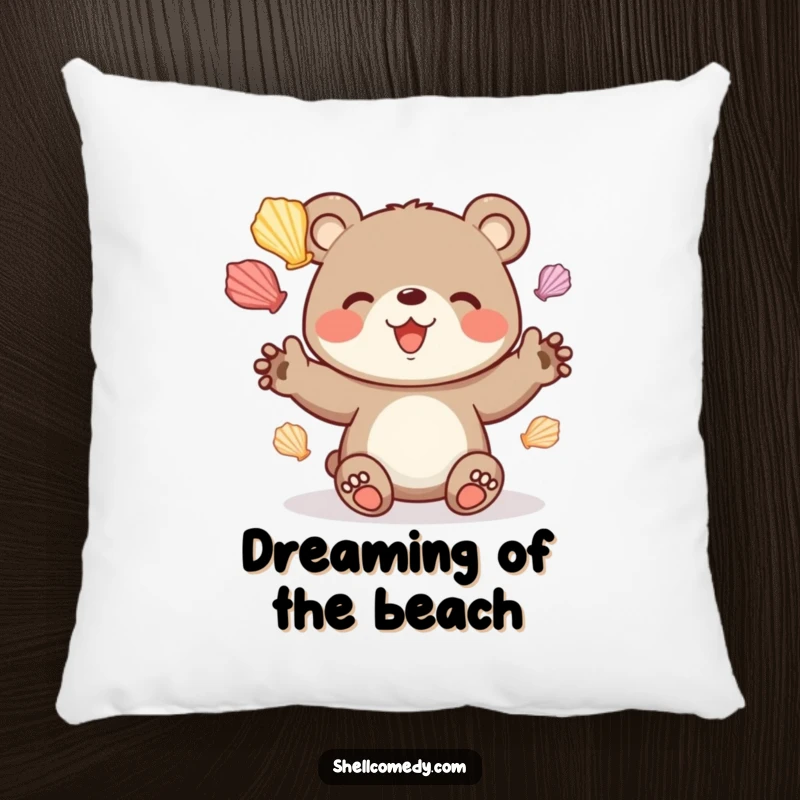 Funny bear cub pillow juggling colorful seashells with delight, cozy beach decor.