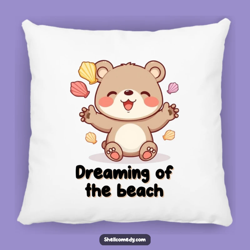 Funny Bear Cub Juggling Seashells Pillow: Cozy Beach Accent Decor Gift