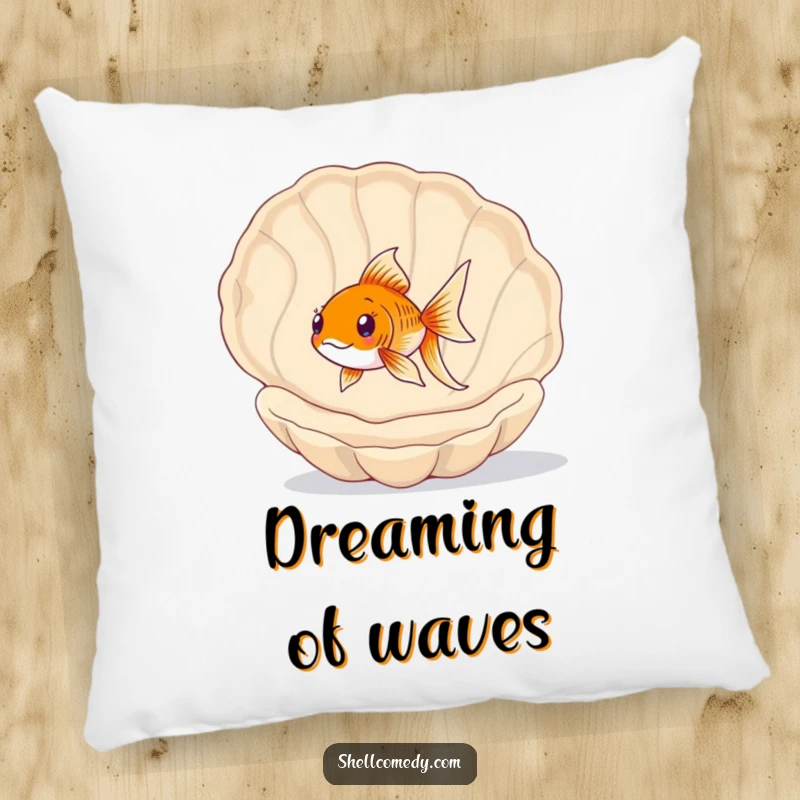 Funny Goldfish Pillow: A happy goldfish floats playfully within a large, empty seashell, creating a cozy underwater scene.