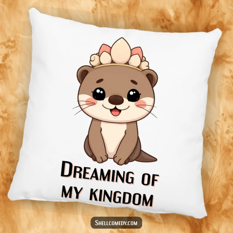 Funny otter cub pillow wearing a seashell crown and smiling proudly, cozy decor.