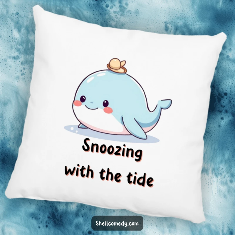 Funny whale pillow showing a happy whale with a shell on its head, providing soft comfort and a humorous ocean theme.