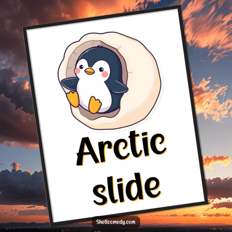 Funny Penguin Digital Art Print: A playful penguin slides down a smooth, polished seashell, a humorous winter scene.