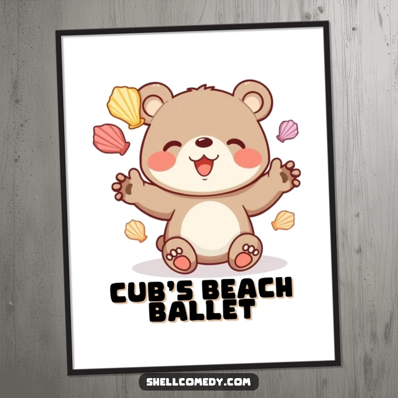 Funny bear cub digital art print juggling colorful seashells with delight, printable decor.