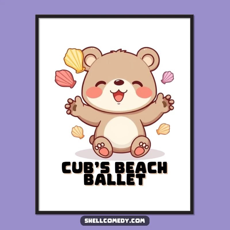 Funny Bear Cub Juggling Seashells Digital Art: Printable Beach Decor Gift