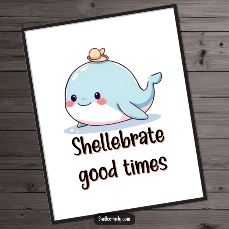 Funny whale digital art print of a happy whale with a shell, offering instant, humorous ocean-themed wall décor.