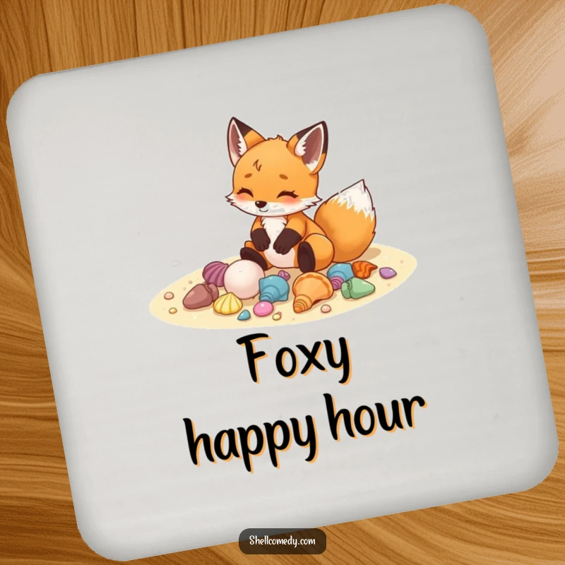 Funny fox cub coasters arranging colorful seashells on sand with delight, protecting surfaces.