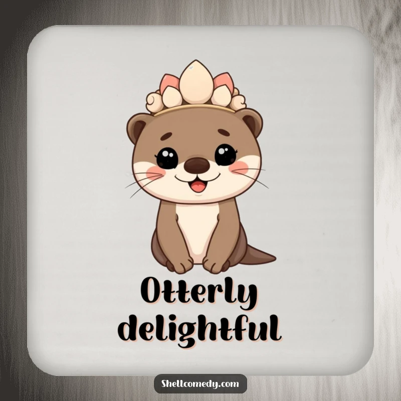 Funny otter cub coasters wearing a seashell crown and smiling proudly, protecting surfaces.