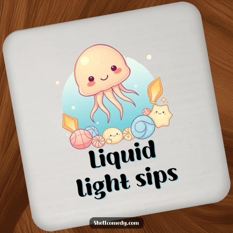 Funny Jellyfish Coaster: A content jellyfish floats serenely beside luminous shells, protecting your table with humor.