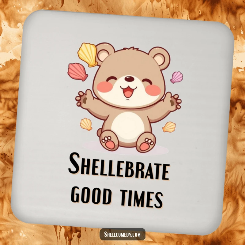 Funny bear cub coasters juggling colorful seashells with delight, protecting surfaces.