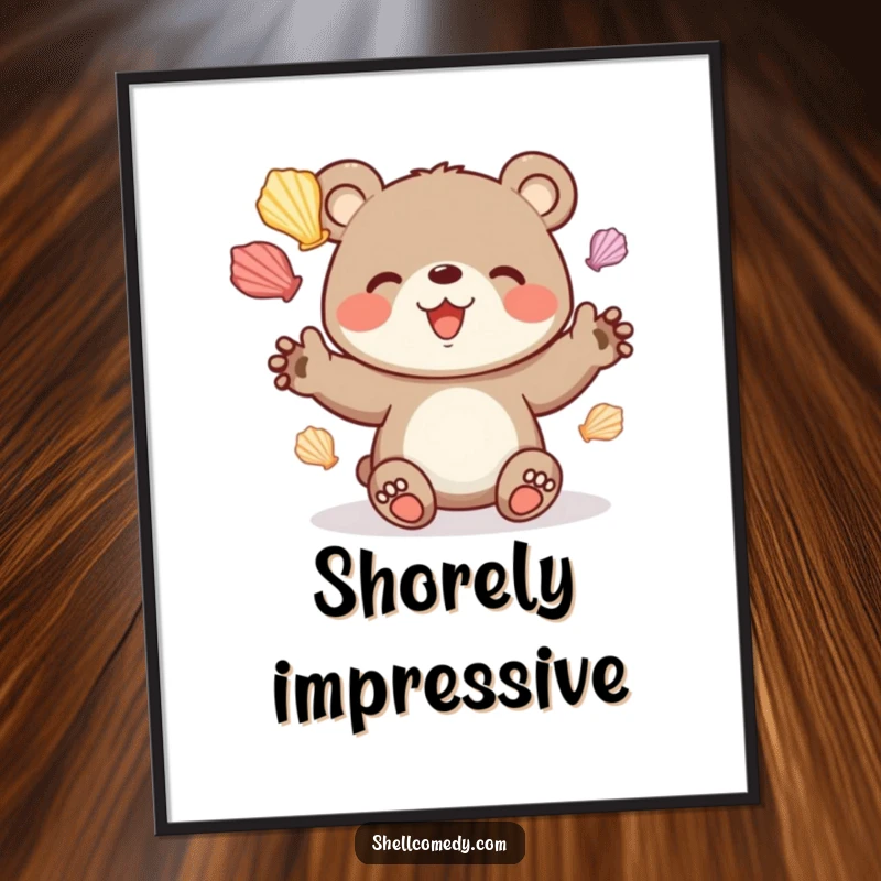 Funny bear cub poster juggling colorful seashells with delight, cheerful beach wall art.