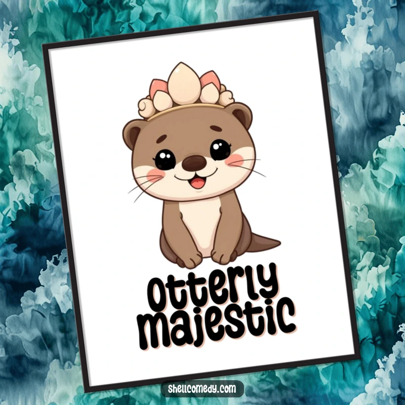 Funny otter cub poster wearing a seashell crown and smiling proudly, regal wall art.