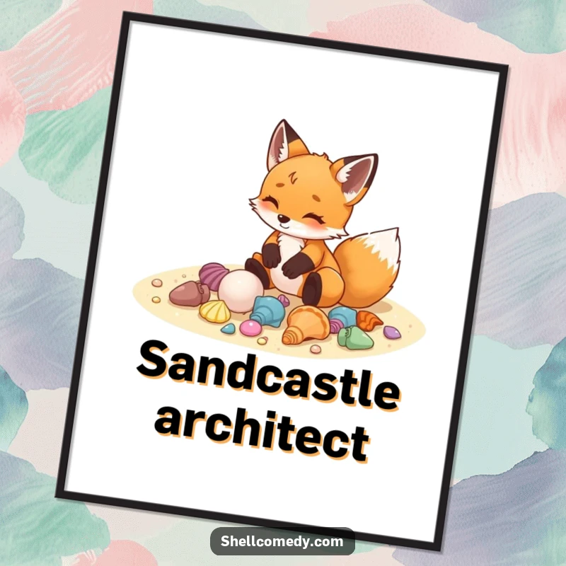 Funny fox cub poster arranging colorful seashells on sand with delight, cheerful beach wall art.