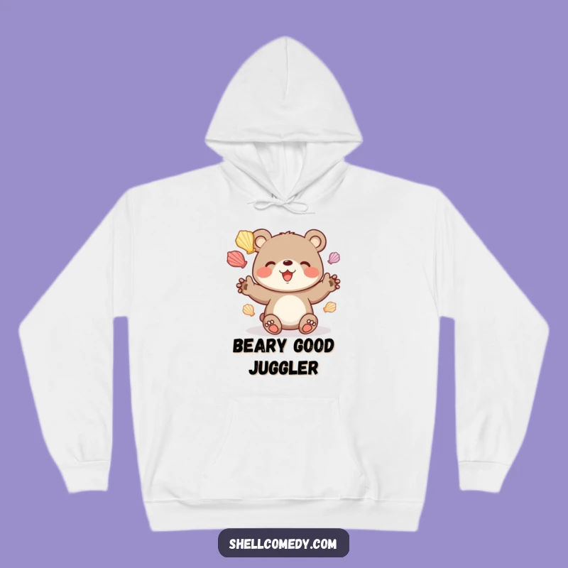 Funny Bear Cub Juggling Seashells Hoodie: Cozy Beach Lover Apparel Gift