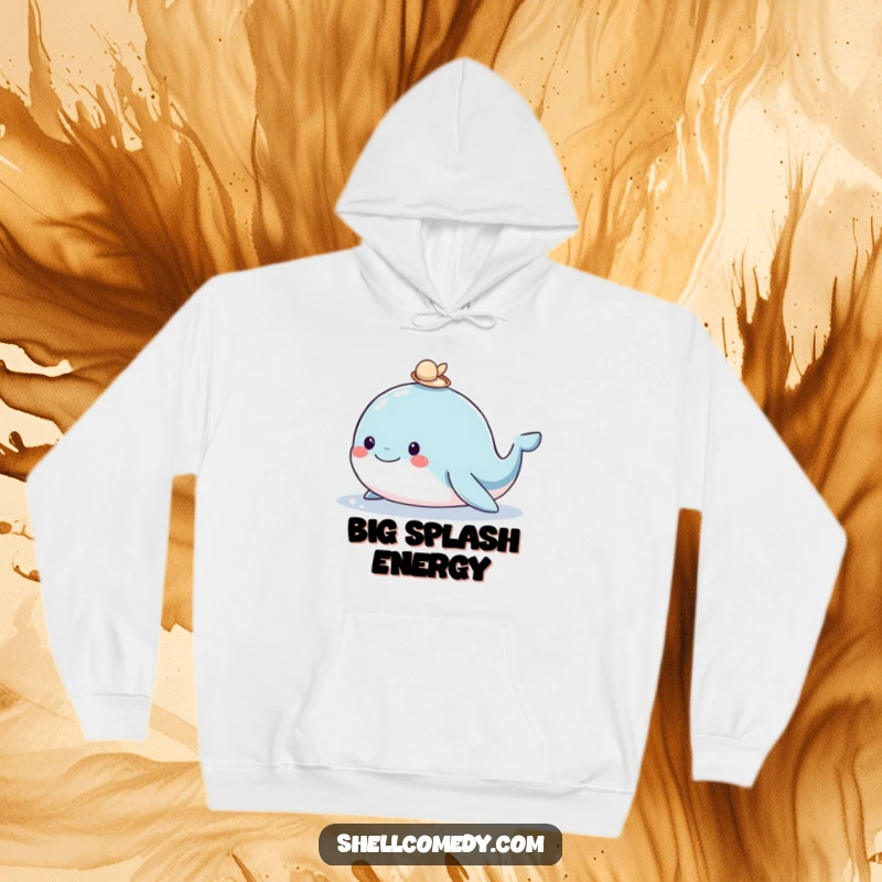 Funny whale hoodie showcasing a happy whale with a shell on its head, offering cozy warmth and delightful ocean-themed humor.