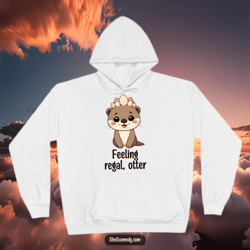 Funny otter cub hoodie wearing a seashell crown and smiling proudly, cozy regal wear.