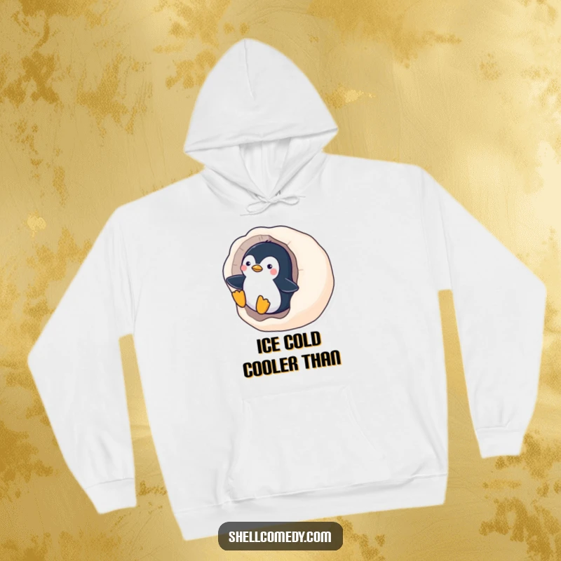 Funny Penguin Hoodie: A playful penguin enjoys a smooth slide down a polished seashell, a picture of winter delight.