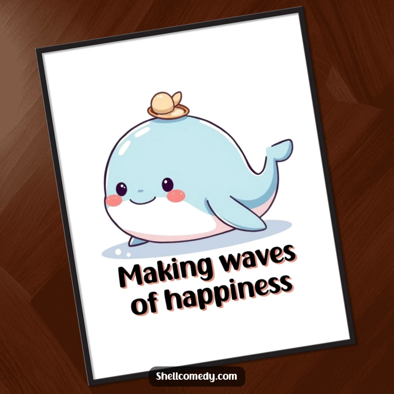 Funny Free Printable Wall Art: A joyful whale with a tiny shell hat emerges from the water, spreading cheer.