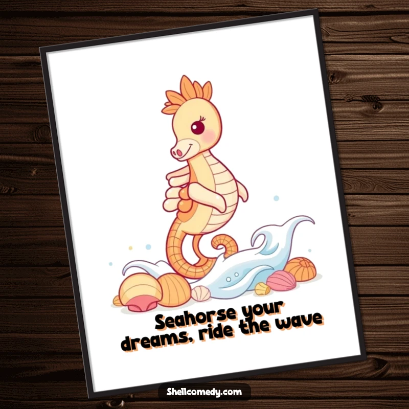 Funny Free Printable Wall Art: A grinning seahorse playfully surfs a calm ocean wave, heading towards a glistening collection of shells.
