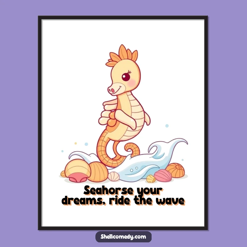 Funny Free Printable Wall Art: Grinning Seahorse Wave Bound - Humorous Downloadable Ocean Decor