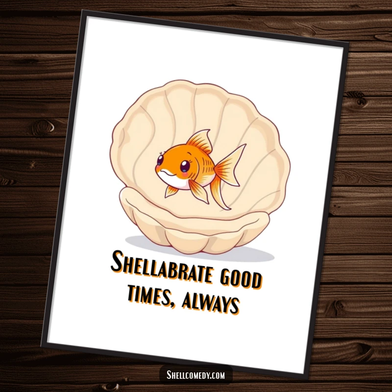 Funny Free Printable Wall Art: A happy goldfish energetically swims through the hollow of a large, empty seashell, exploring.