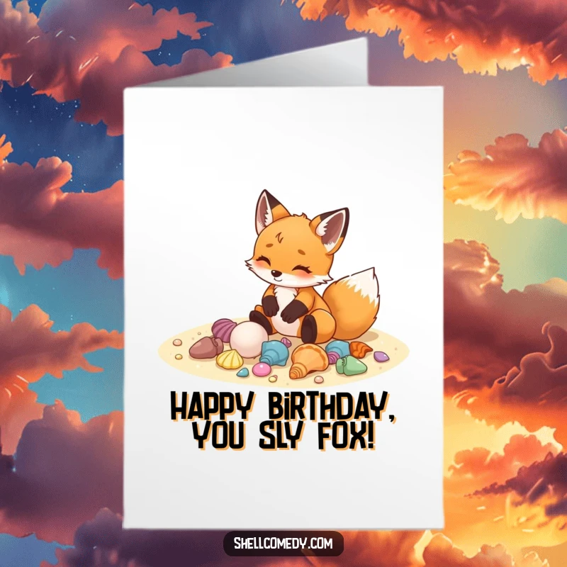 Free printable birthday card of a delighted fox cub carefully arranging a collection of colorful seashells on the sand.