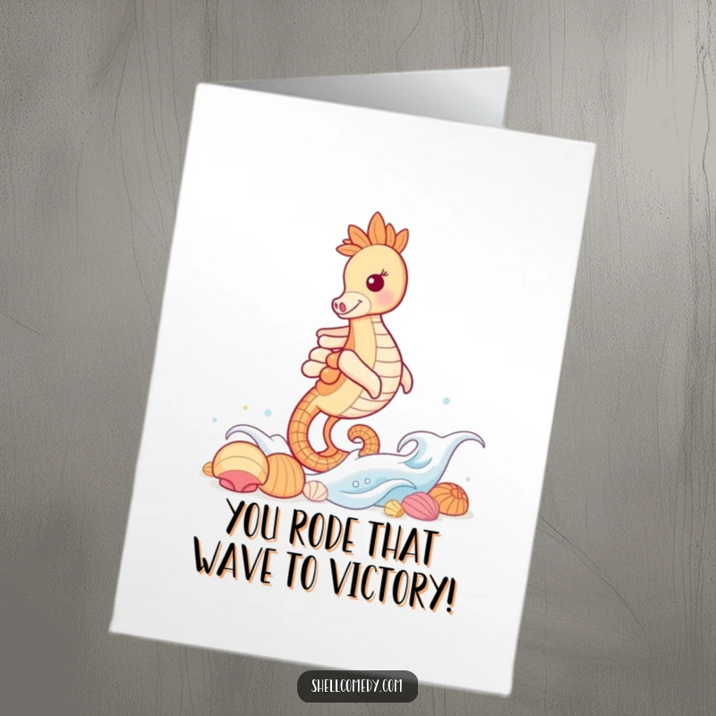 Funny Free Printable Congratulations Card: A grinning seahorse expertly rides a gentle wave, heading towards a treasure trove of shells.