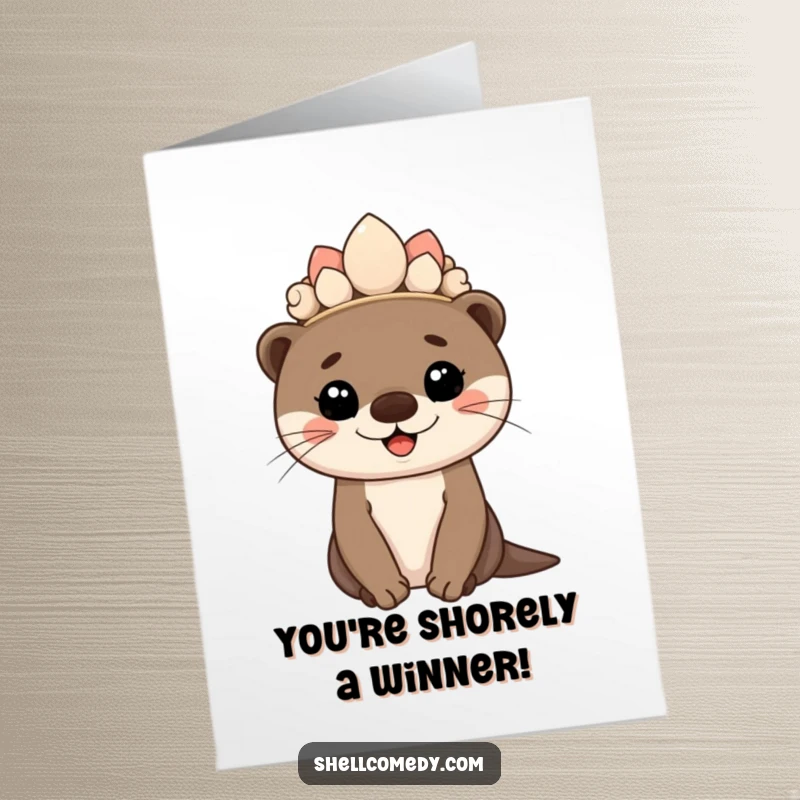 Free printable congratulations card featuring a happy otter cub adorned with a seashell crown, beaming with pride.