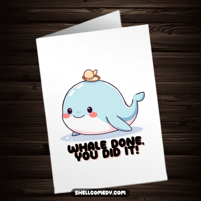 Funny Free Printable Congratulations Card: Whimsical whale with a shell hat, surfacing to share happy news.