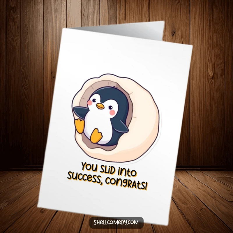Funny Free Printable Congratulations Card: A playful penguin successfully slides down a sleek, polished seashell, celebrating victory.