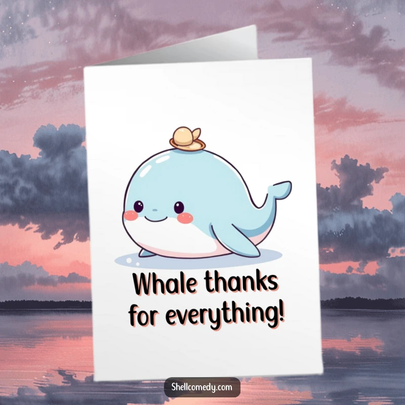 Funny Free Printable Thank You Card: Adorable whale with a shell hat, expressing thanks with aquatic charm.