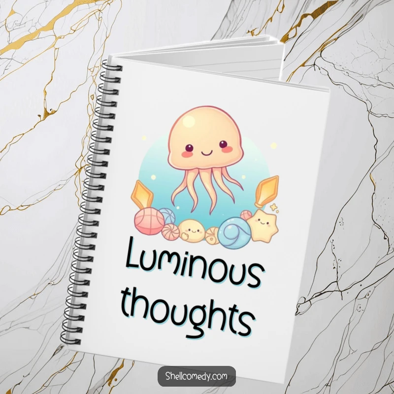 Funny Jellyfish Notebook: A content jellyfish floats serenely beside luminous shells, perfect for journaling oceanic thoughts.