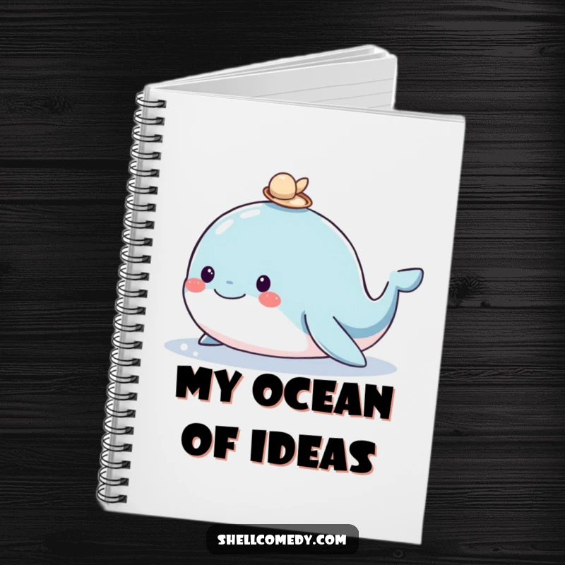 Funny whale notebook with a happy whale and a shell on its head, ideal for capturing thoughts with ocean-inspired humor.