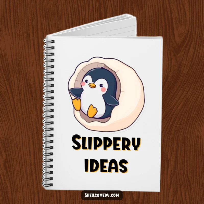 Funny Penguin Notebook: A playful penguin slides down a smooth, polished seashell, perfect for journaling winter adventures.