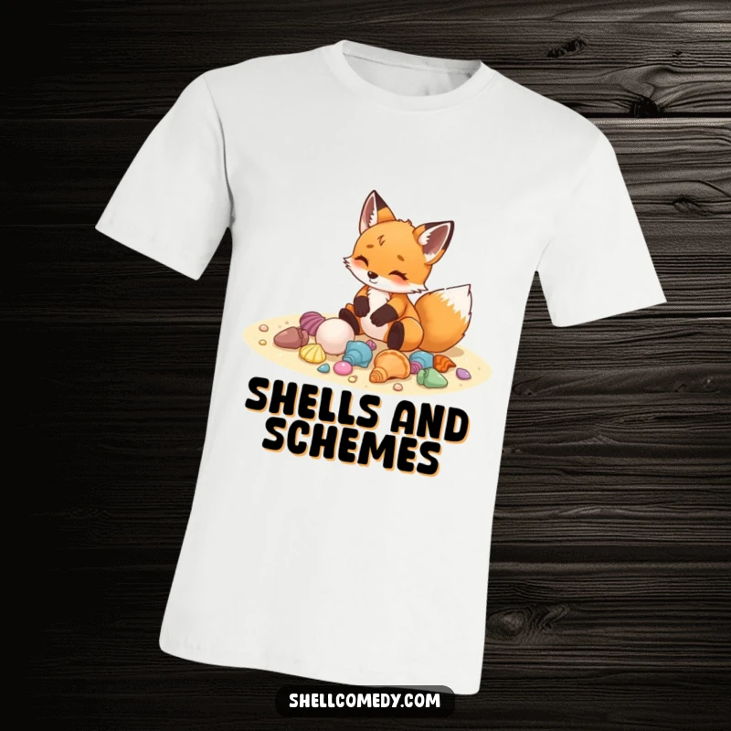 Funny fox cub t-shirt arranging colorful seashells on sand with delight, beachwear.