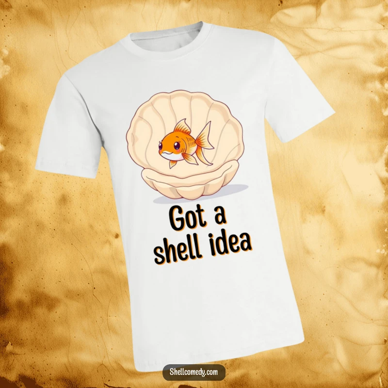 Funny Goldfish T-Shirt: A happy goldfish has a blast swimming playfully through a large, empty seashell.