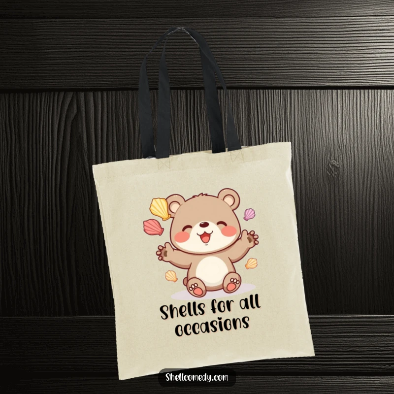 Funny bear cub tote bag juggling colorful seashells with delight, stylish beach accessory.