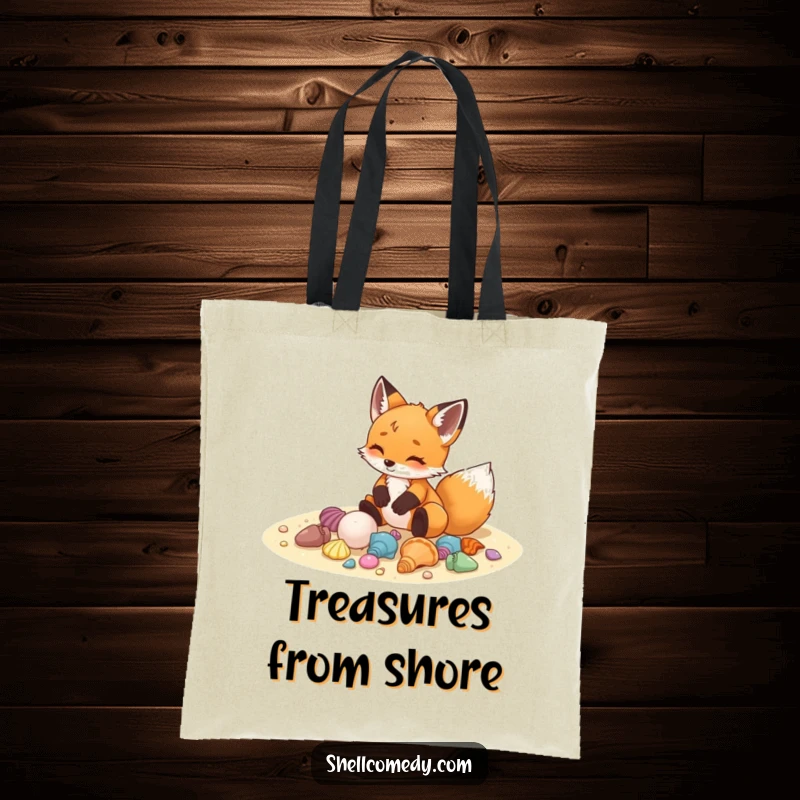Funny fox cub tote bag arranging colorful seashells on sand with delight, stylish accessory.
