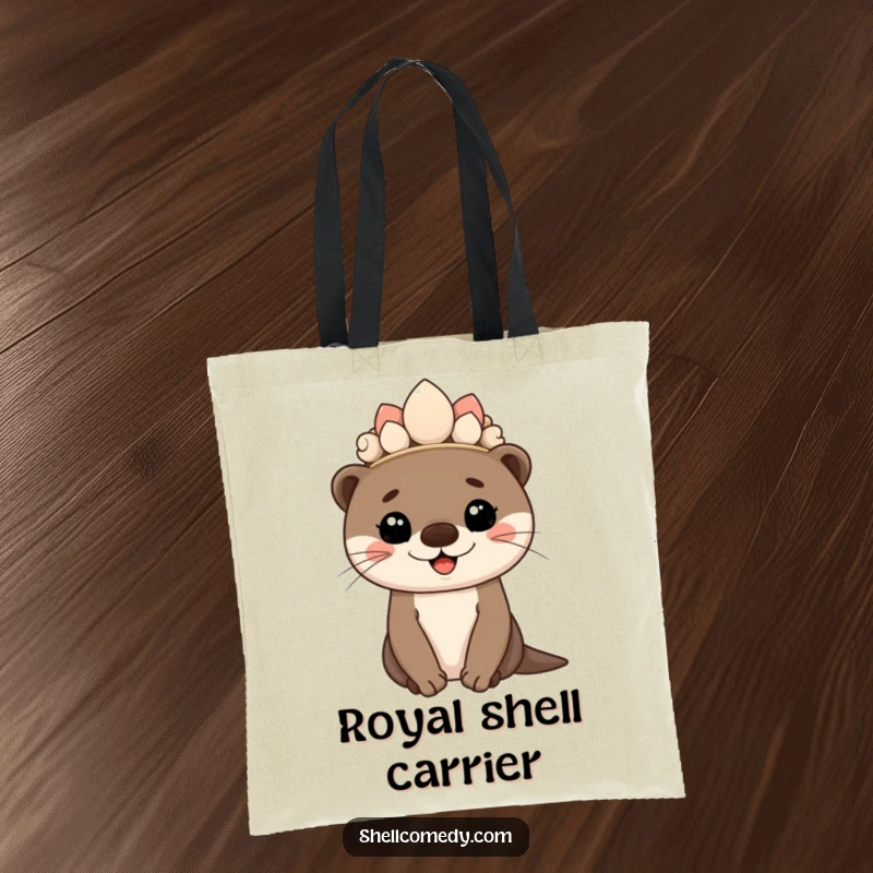 Funny otter cub tote bag wearing a seashell crown and smiling proudly, stylish accessory.