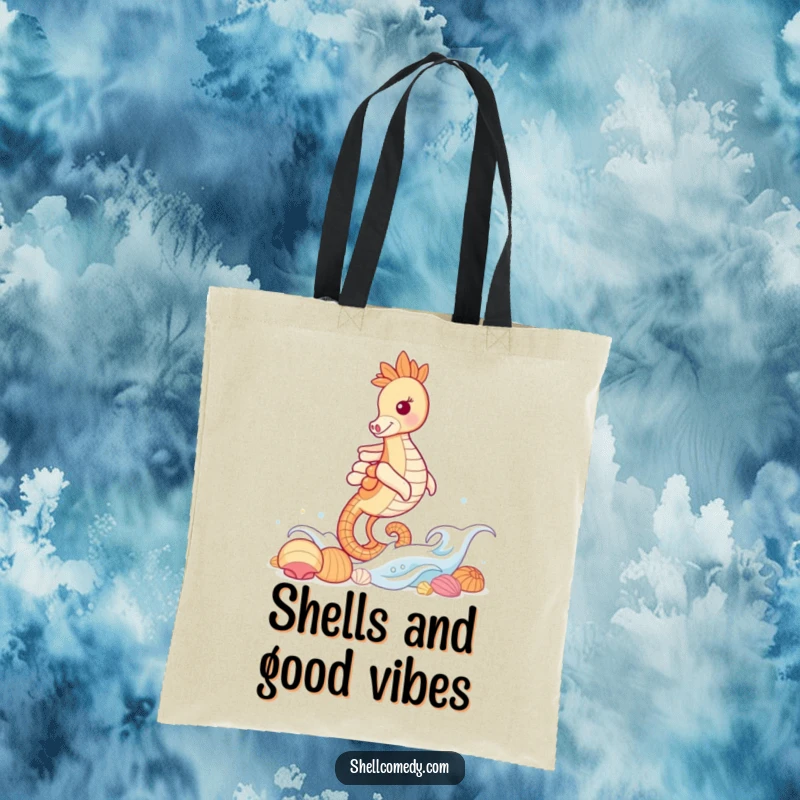 Funny Seahorse Tote Bag: A grinning seahorse rides a gentle wave, approaching a collection of beautiful shells, ready for fun.